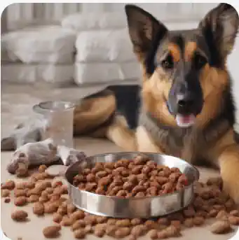 German Shepherd with dog food